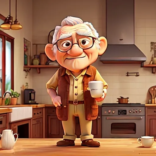Prompt: old man standing in a kitchen holding a cup of coffee