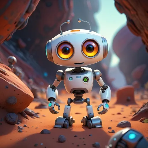 Prompt: Pixar-style 3D rendering of a quirky robot explorer, vibrant futuristic technology, playful expressions, desolate planet, space debris, whimsical environment, brightly lit, high quality, Pixar, 3D rendering, vibrant, futuristic, quirky, robot, explorer, playful expressions, desolate planet, space debris, whimsical, brightly lit