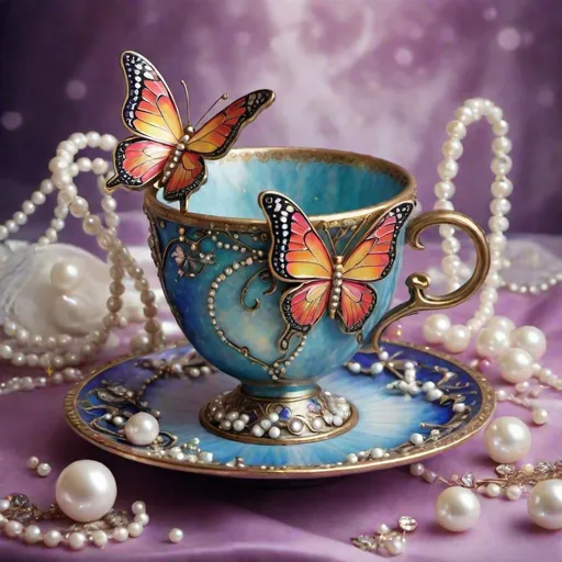 Prompt: Still life of a delicate cup adorned with a vibrant butterfly, surrounded by shimmering pearls and jewels, scattered pearls and gems, highres, whimsical, Anne Stokes style, cloisonnism, vibrant colors, detailed butterfly wings, intricate jewel details, atmospheric lighting