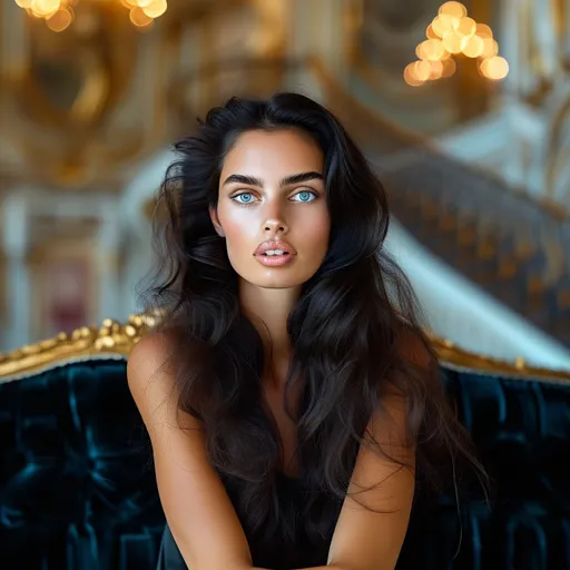 Prompt: Personal portrait of stunningly beautiful fashion model with black hair and stunningly beautiful blue eyes, SFW, velvet couch, grand staircase in blurred backdrop, dreamlike lighting, professional photography, elegant pose, high contrast, bokeh effect, fine art, high-end luxury, Hasselblad camera, 100mm lens, F 1.2 aperture, dreamy atmosphere, glamorous, detailed features, best quality, highres, professional lighting