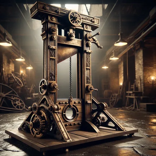 Prompt: Steampunk guillotine, aged metal with intricate gears, gritty industrial setting, dramatic lighting, high quality, detailed, steampunk, aged metal, industrial, dramatic lighting