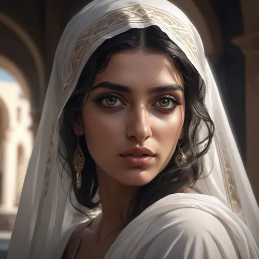 Prompt: a Photorealistic dramatic render of greek arab ameera al taweel, white eyes, wavy black hair, white veil, by WLOP, Artgerm, Greg Rutkowski, Alphonse Mucha, Beautiful dynamic dramatic dark moody lighting,shadows,cinematic atmosphere,Artstation,concept design art,Octane render,8K