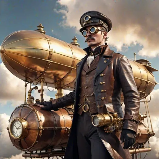 Prompt: Steampunk airship captain, atop a Victorian-era dirigible, detailed brass instruments, goggles reflecting the clouds, leather coat billowing in the wind, rugged face, realistic textures of steam and metal, dynamic sky backdrop with a setting sun, high-resolution, adventurous spirit, fantastical industrial era design, 4k