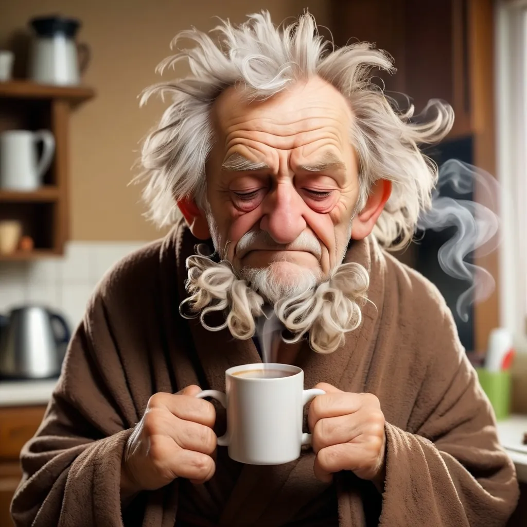 Prompt: Funny sleepy old man holding his first mug of morning coffee.  House robe, messy hair, coffee steaming. 