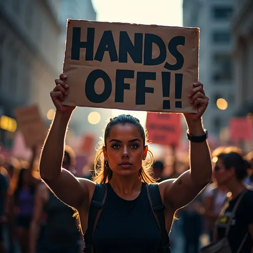 Prompt: protester holding a sign, "Hands Off!!" prominently displayed, strong expression of determination, high contrast lighting creating a striking atmosphere, minimally chaotic background to emphasize the figure, vibrant colors reflecting the urgency of the message, powerful action pose, ultra-detailed, high-definition resolution, capturing the spirit of activism and resilience, evoking a sense of urgency.