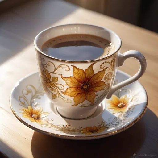 Prompt: Realistic fantasy painting of a delicate coffee cup and saucer, morning sunlight filtering through, intricate floral design on cup, Anne Stokes inspired, high quality, fine art, morning light, realistic fantasy, delicate details, floral cup design, morning atmosphere, sunlight, fine art painting