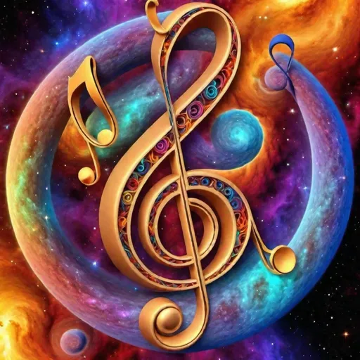 Prompt: Vibrantly colored 3D graphic of a treble clef, highly detailed nebula in the background, high-resolution, ultra-detailed, vivid colors, 3D rendering, cosmic art, vibrant tones, detailed nebulosity, surreal lighting