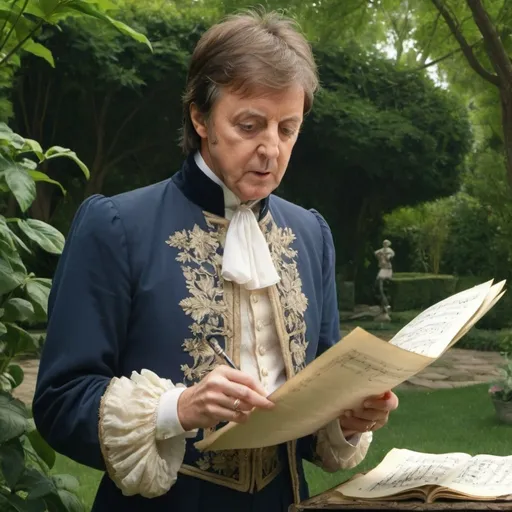 Prompt: Renaissance musician, Paul McCartney, in a lush, detailed garden, examining a sheet of music, period attire with intricate embroidery, aged parchment in hand, soft natural lighting filtering through the leaves, realistic textures, high detail, serene expression, historical accuracy, 4k --ar 4:5 --s 120