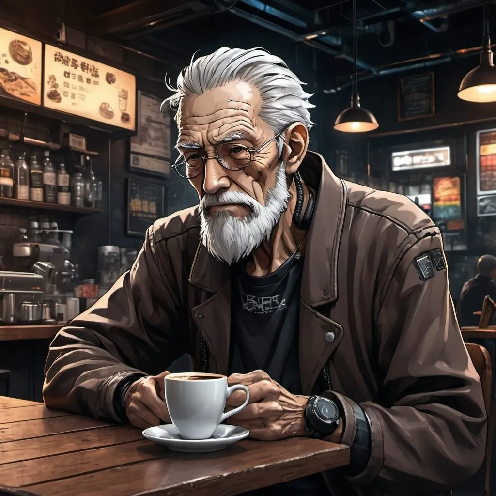 Prompt: Anime cyberpunk style, old man in coffee shop, highly detailed, HD, dark background