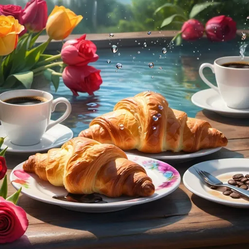 Prompt: Plate of croissants and coffee, fantasy art, summer morning dew, swimming party, full-color airbrushed, beautiful mattepainting, roses, tulips, splashing water, morning, brush stroke rendering, beautiful lighting, high quality, fantasy, summer, vibrant colors, detailed textures, warm lighting