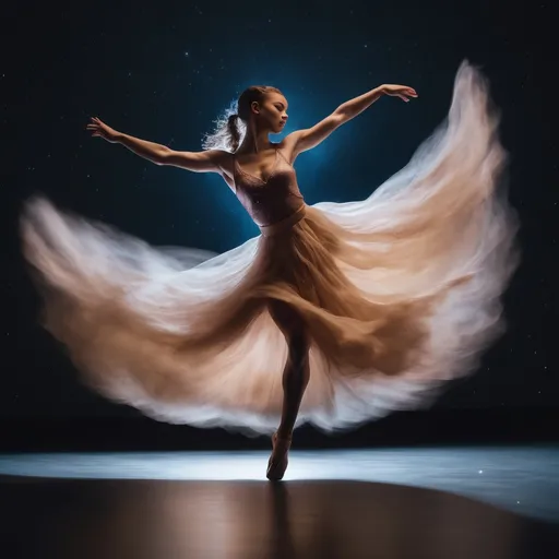 Prompt: Celestial Dancer: Capture the ethereal beauty of a dancer gracefully moving among the stars. Utilize long exposure techniques and creative lighting to emphasize the fluidity of the movements. Shot with a full-frame Canon EOS R6, using a 24-70mm lens at 50mm, f/2.8, and a remote trigger for precise timing.