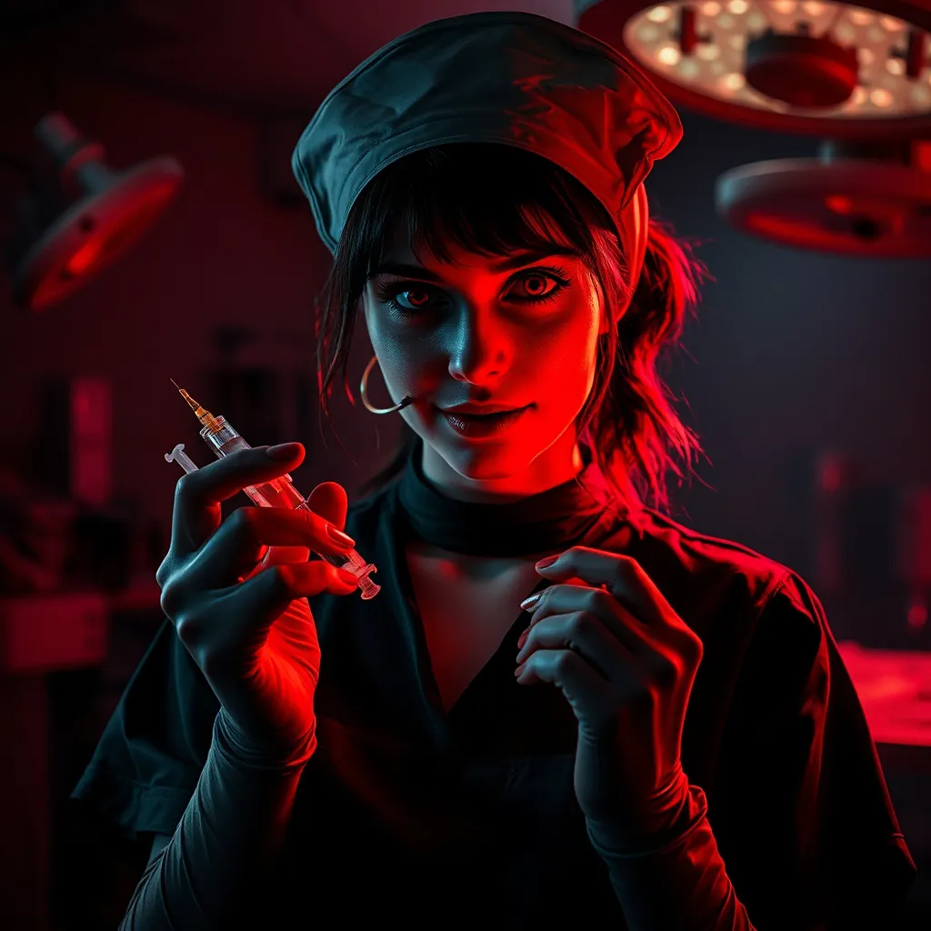 Prompt: (Goth nurse), operating room, holding syringe, (bloody), (smirking), dark atmosphere, striking contrast of deep reds and blacks, eerie lighting, surgical equipment in the background, sinister ambience, tension-filled essence, vivid details, realistic textures, ultra-detailed, captivating composition.