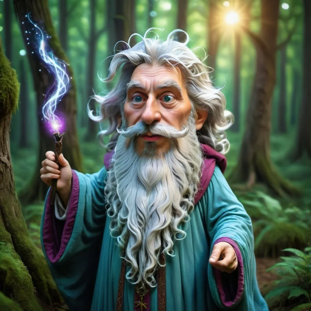 Prompt: Ethereal wizard in a mystical forest, soft focus, high quality, ethereal, fantasy, magical, detailed robe, mystical atmosphere, flowing beard, enchanting, surreal lighting