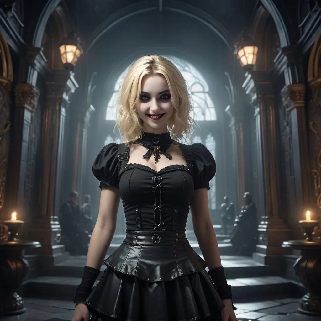 Prompt: Highly detailed goth blonde in a surreal setting, she has a smirking smile, detailed facial features, short skirt, surreal, highres, detailed face, goth, blonde, atmospheric lighting, surreal setting