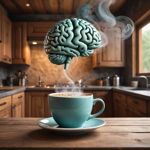 Prompt: A beautifully colored cup of coffee with smoke rising from it in the shape of a brain .. with a calm backgroundn of wood table and rustic kitchen setting, realistic, detailed