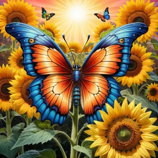 Prompt: vibrant highly detailed butterfly sitting on top of a sunflower with a beautiful garden in the background, Anne Stokes, psychedelic art, highly detailed digital painting, an airbrush painting