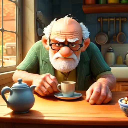 Prompt: Stylistic cartoon of an old man sitting at a kitchen table pouring a mug of coffee. Grumpy Old Man. In the style of Pixar Disney. Highly detailed setting. 