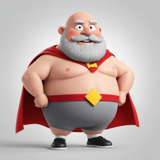 Prompt: Captain Underpants Cartoon Character. Chubby bald super hero with a grey beard. Red cape, "U" insignia with tights.