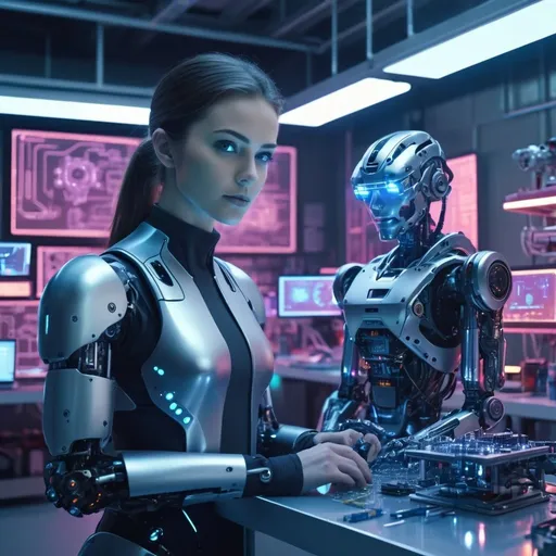 Prompt: Cybernetic engineer in a futuristic lab, surrounded by advanced robotics, holographic displays, neon lighting reflecting on metallic surfaces, detailed workbench with high-tech tools, focused gaze, realistic textures of circuitry and steel, dynamic composition, high-resolution, sci-fi innovation theme, 4k --ar 1:2 --s 110