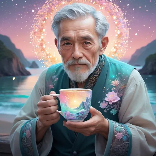 Prompt: old man <mymodel> holding an insanely detailed gorgeous sparkling pastel coffee cup with one side as pastel blooming nature and other side with pastel ocean, surrounded by glowing illuminated sparkles, Stylized watercolor, iridescent, Fantastical, Intricate, Fantasycore, Scenic, Hyperdetailed, glowing edges, beautiful pastel colors, Mucha, Cina. Cinematic, WLOP