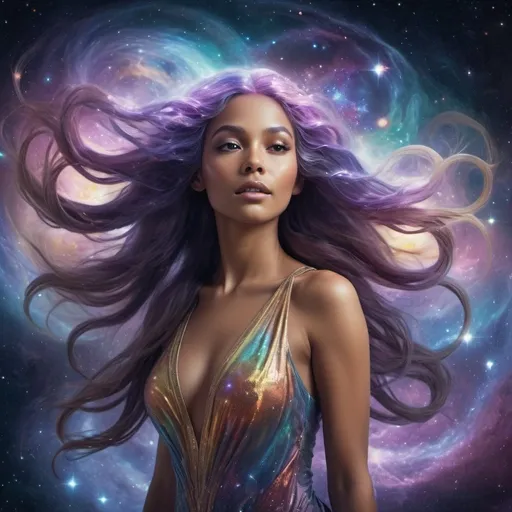 Prompt: Galactic Goddess, long flowing hair, swirling galaxies, celestial phenomena, otherworldly radiance, cosmic essence, highres, ultra-detailed, ethereal, fantasy, cosmic colors, shimmering hair, celestial beauty, powerful presence, cosmic atmosphere, cosmic lighting, mystical