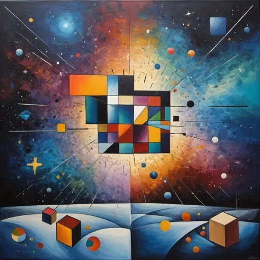 Prompt: Abstract painting of the universe broken up into different dimensions different pictures like a Picasso painting cubic so every differen dimension has different pictures like of a city or a meadow with animals or different shapes and colors but hidden messages in the painting like a word search for the word COCKTAIL OR SOMETHING LIKE THE REST OF MY MIND. Abstract and textured 