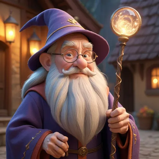 Prompt: 3D render of a wise old wizard holding a magic wand, Disney Pixar style, cinematic village setting, vibrant and warm color palette, detailed facial features, magical glow, whimsical atmosphere, high-quality, 4k, cinematic, Disney Pixar, 3D render, wise old wizard, magic wand, vibrant colors, cinematic village setting, detailed facial features, magical glow, whimsical atmosphere