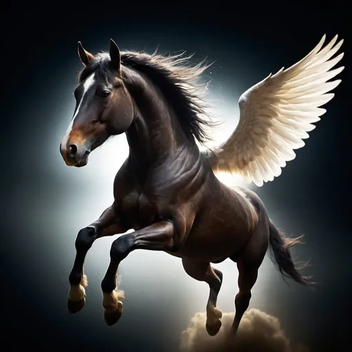 Prompt: flying horse who got wings flying from dark to the light