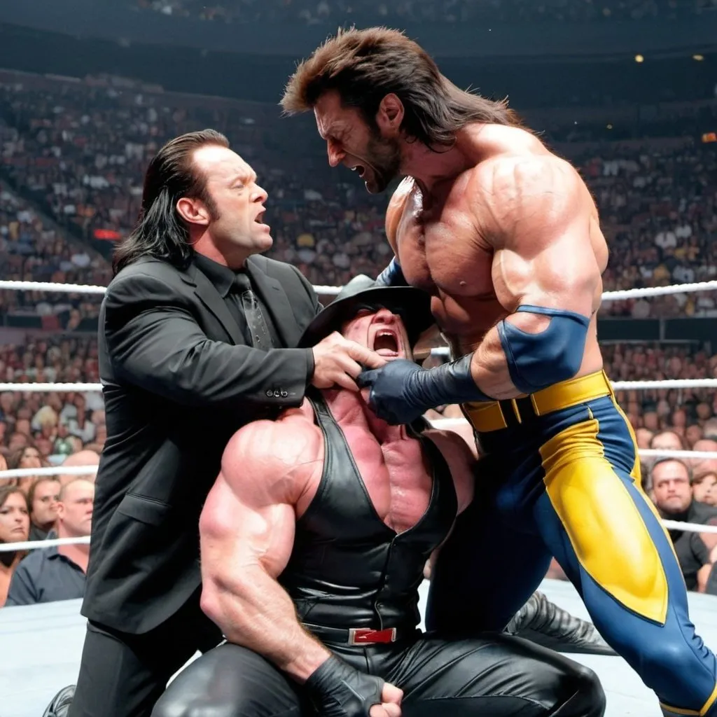 Prompt: show me the image in which wolverine is giving choke slam to undertaker