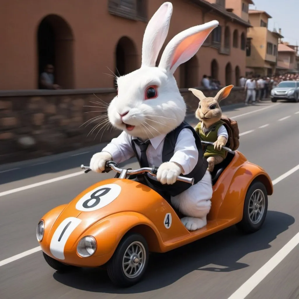 Prompt: show me the perfect image of a race in which rabbit is driving bike and tortoise is driving super car with open roof