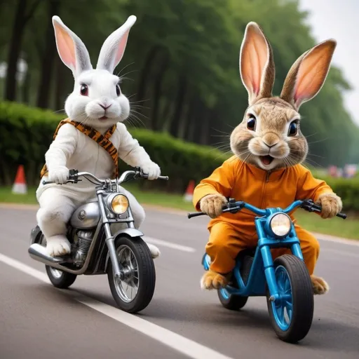 Prompt: show me the perfect image of a race in which rabbit is driving bike and tortoise is driving super car