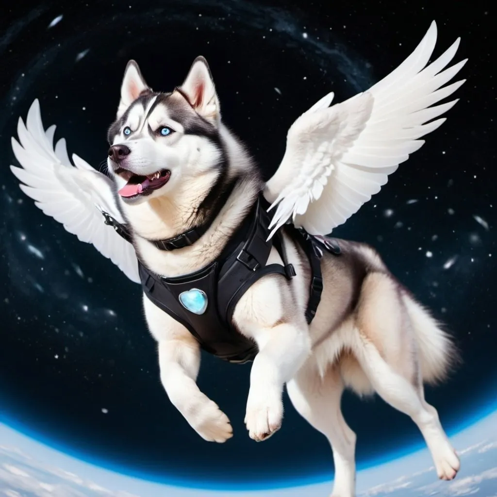 Prompt: show me the image in which husky dog breed is flying in the space who got wings