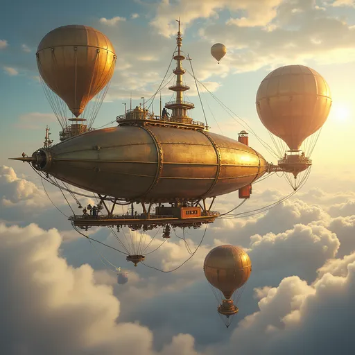 Prompt: "A realistic and luminous floating city made of interconnected airships and hot air balloons, suspended above the clouds in a bright sky. The structures are detailed with brass, wood, and fabric textures, linked by walkways and platforms. Sunlight reflects off the metal surfaces, casting warm highlights. People can be seen moving between airships, and some balloons are transporting goods. The atmosphere is peaceful and majestic, with a slight steampunk touch."