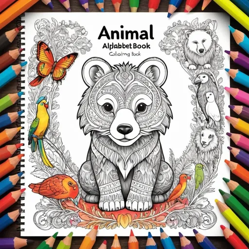 Prompt: Animal alphabet coloring book cover