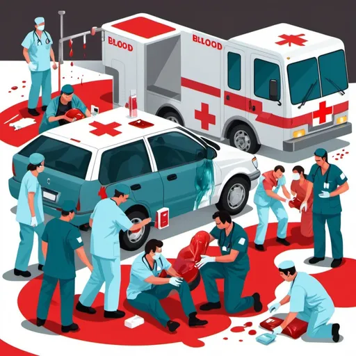 Prompt: Vector art of an accident scene with medics and people donating blood 