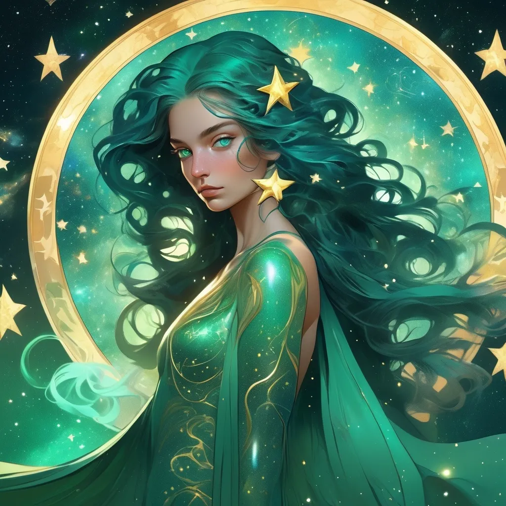 Prompt: 4K mucha style quality, digital drawing mode, green-themed female character, long dark blue hair that glimmers like the night sky, glowing emerald eyes, wearing an elegant turquoise gown with golden star-like patterns, standing in a mysterious, cosmic realm filled with swirling nebulae and stars, radiant skin, enigmatic and mystical expression, full body, dynamic pose as she conjures stardust, life size, perfect anatomy, detailed skin texture, full HD, 4K, HDR, perfect anatomy, depth of field.