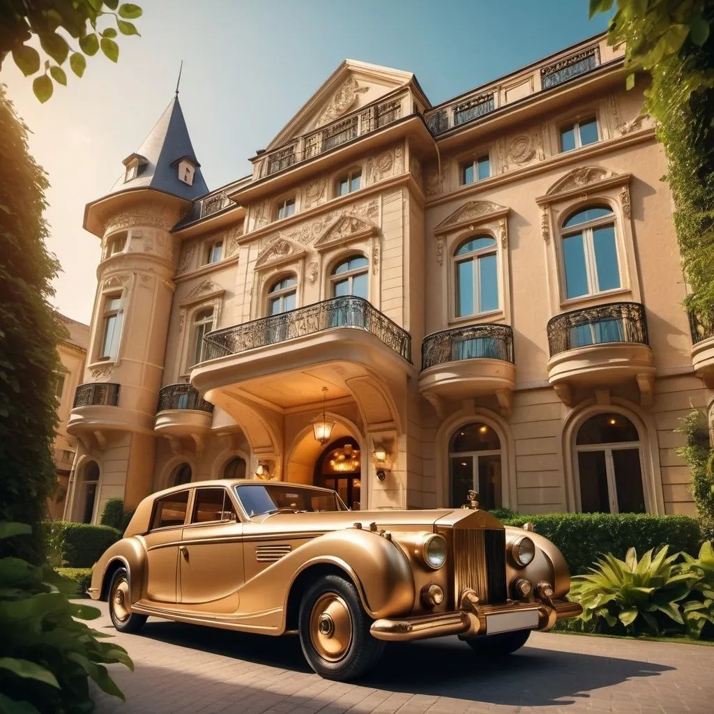 Prompt: create a luxury cardboard car, send from below, background luxury European hotel
