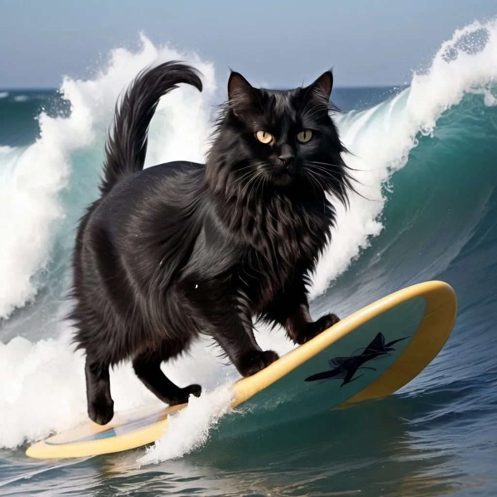 Prompt: picture of a black cat with long fluffy hair that is surfing a large wave.