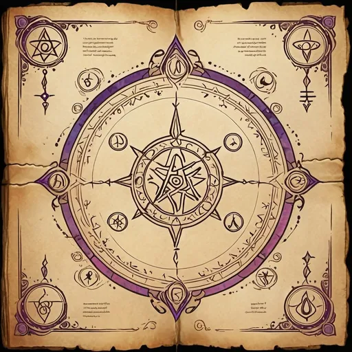 Prompt: A mystical parchment background with decorative arcane symbols and borders, featuring designated spaces with blank lines for adding text such as spell title and spell description. The parchment should look aged with magical symbols and mystical patterns around the edges. In the center and lower areas, there should be faint lines to indicate where text can be added, giving it a magical grimoire or spellbook layout.