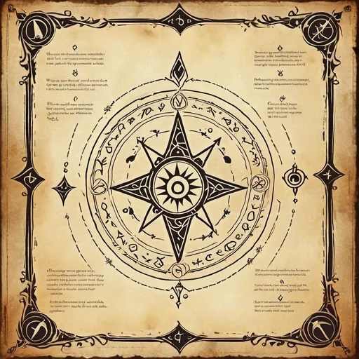 Prompt: A mystical parchment background with decorative arcane symbols and borders, featuring designated spaces with blank lines for adding text such as spell title and spell description. The parchment should look aged with magical symbols and mystical patterns around the edges. In the center and lower areas, there should be faint lines to indicate where text can be added, giving it a magical grimoire or spellbook layout.