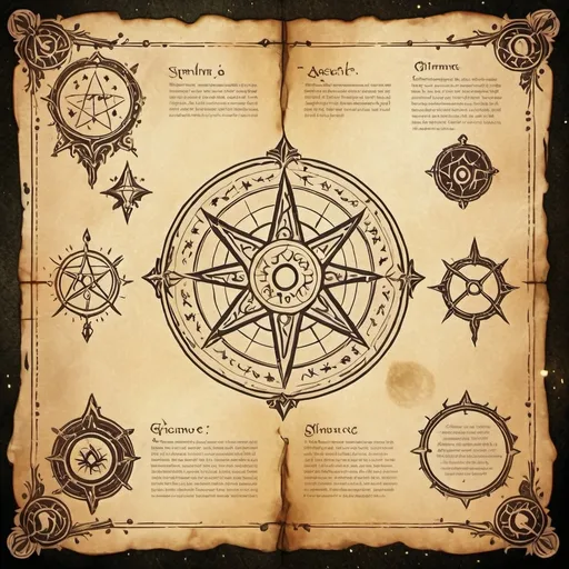 Prompt: A mystical parchment background with decorative arcane symbols and borders, featuring designated spaces with blank lines for adding text such as spell title and spell description. The parchment should look aged with magical symbols and mystical patterns around the edges. In the center and lower areas, there should be faint lines to indicate where text can be added, giving it a magical grimoire or spellbook layout.