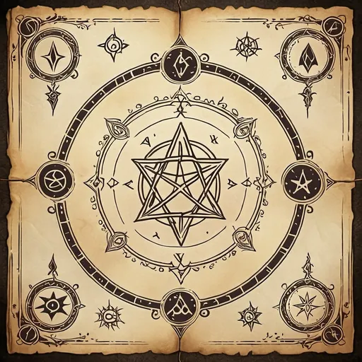 Prompt: A mystical parchment background with decorative arcane symbols and borders, featuring designated spaces with blank lines for adding text such as spell title and spell description. The parchment should look aged with magical symbols and mystical patterns around the edges. In the center and lower areas, there should be faint lines to indicate where text can be added, giving it a magical grimoire or spellbook layout.