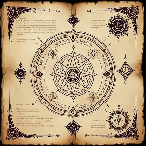 Prompt: A mystical parchment background with decorative arcane symbols and borders, featuring designated spaces with blank lines for adding text such as spell title and spell description. The parchment should look aged with magical symbols and mystical patterns around the edges. In the center and lower areas, there should be faint lines to indicate where text can be added, giving it a magical grimoire or spellbook layout.