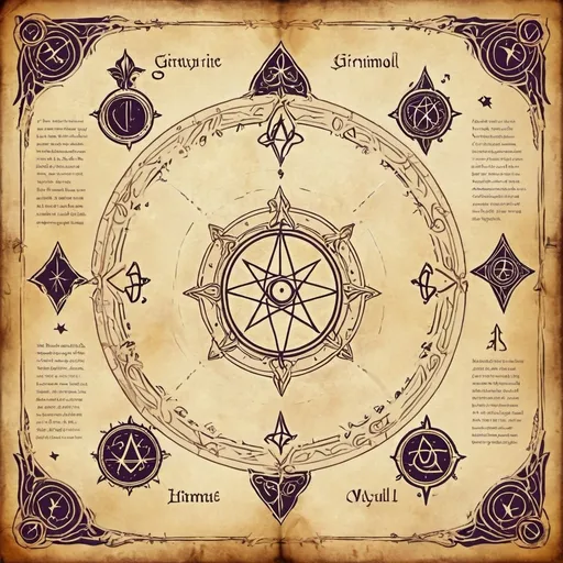 Prompt: A mystical parchment background with decorative arcane symbols and borders, featuring designated spaces with blank lines for adding text such as spell title and spell description. The parchment should look aged with magical symbols and mystical patterns around the edges. In the center and lower areas, there should be faint lines to indicate where text can be added, giving it a magical grimoire or spellbook layout.