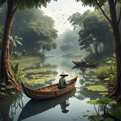 Prompt: buatkan ilustrasi yang menggambarkan nelayan di danau menjala ikan menggunakan sampan kecil dengan backgroun hutan yang asri
