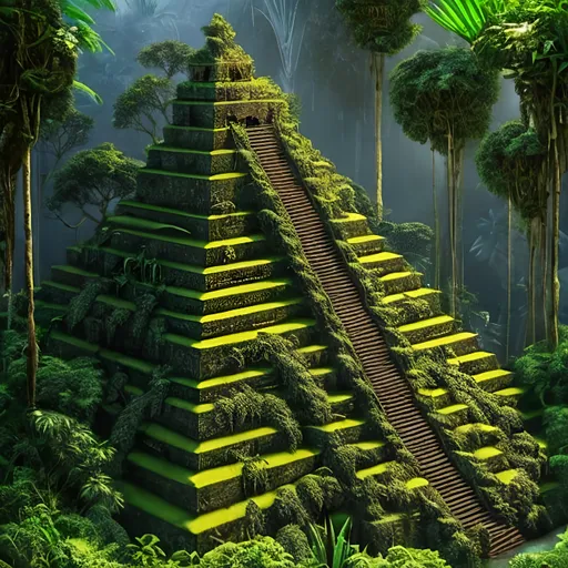Prompt: Overgrown Inka pyramid, tall jungle trees, hyperrealistic, long vines, dense forest, barely distinguishable, ancient civilization, lush greenery, detailed stone carvings, high quality, hyperrealistic, jungle, ancient, overgrown, vibrant green, atmospheric lighting