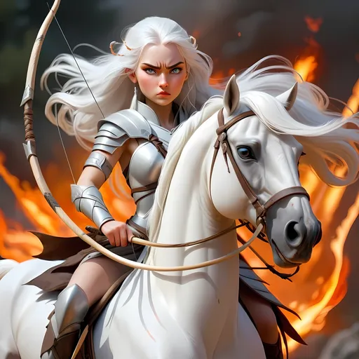 Prompt: A warrior woman with tied white hair and gray eyes, carrying a bow and arrow, riding a white, fierce fiery horse. She possesses goddess-like beauty but is extremely dangerous.