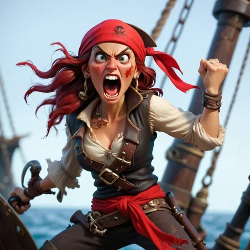 Prompt: A fearless female pirate, shouting "Charge!" or "Attack!" at the enemy ship of thieves. She is courageous and bold, wearing a red bandana on her head.