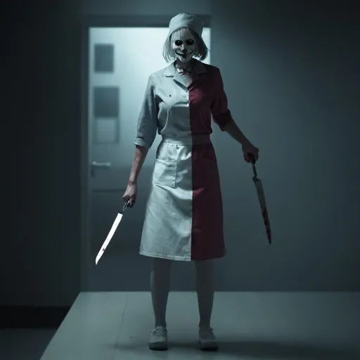 Prompt: Fast stack switching face from a killer nurse to jigsaw holding a knife terrifyinng ambience dark and gray