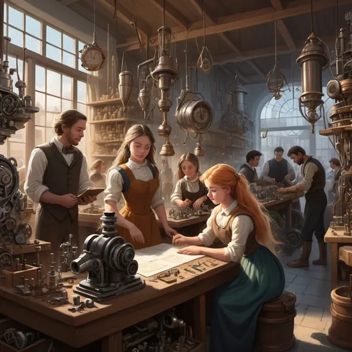 Prompt: A bustling marketplace. Women work quietly, while men loudly discuss laws and
commerce. Aurora, a young inventor, is in her workshop, tinkering with a mechanical
device.